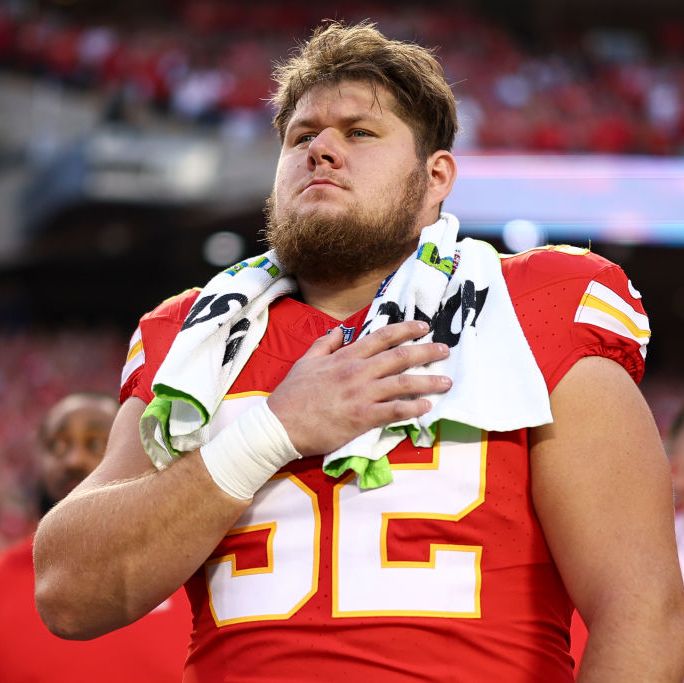 kansas city, mo september 7 creed humphrey 52 of the kansas city chiefs stands on the sidelines during the national anthem prior to an nfl football game against the detroit lions at geha field at arrowhead stadium on september 7, 2023 in kansas city, missouri photo by kevin sabitusgetty images