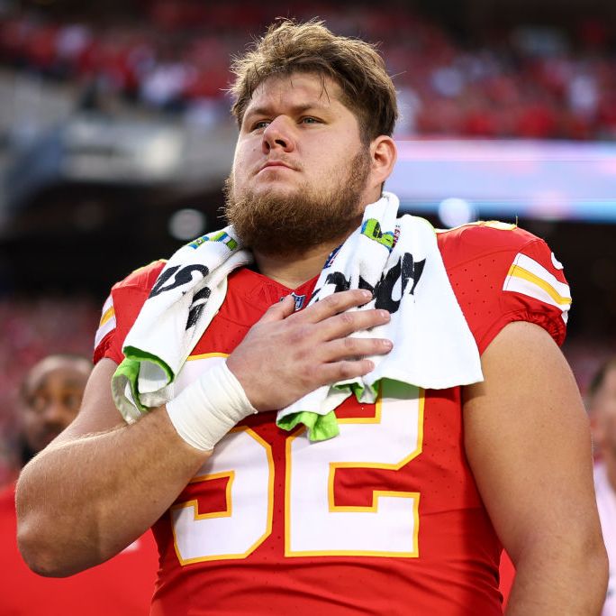 kansas city, mo september 7 creed humphrey 52 of the kansas city chiefs stands on the sidelines during the national anthem prior to an nfl football game against the detroit lions at geha field at arrowhead stadium on september 7, 2023 in kansas city, missouri photo by kevin sabitusgetty images
