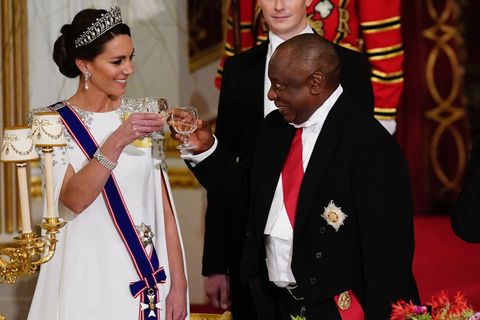 london, england   november 22 catherine, princess of wales and president cyril ramaphosa of south africa share a toast during the state banquet at buckingham palace during the state visit to the uk by president cyril ramaphosa of south africa on november 22, 2022 in london, england this is the first state visit hosted by the uk with king charles iii as monarch, and the first state visit here by a south african leader since 2010 photo by aaron chown   pool getty images