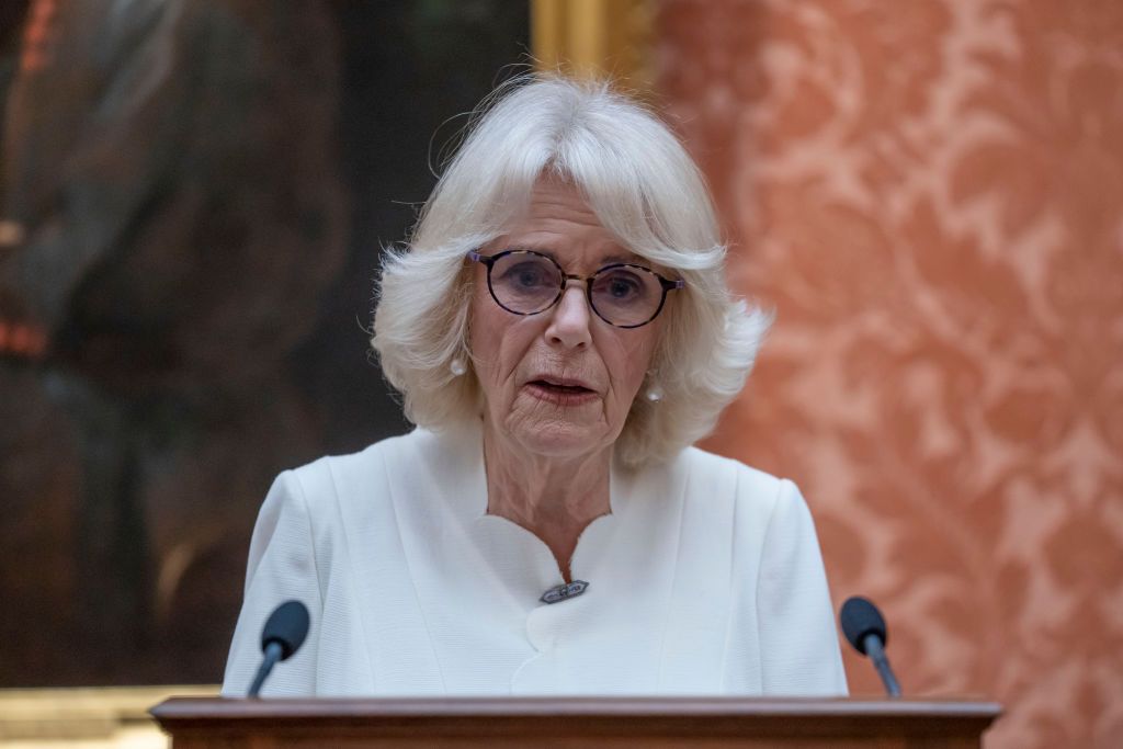 london, united kingdom   november 29 camilla, queen consort speaks during a reception to raise awareness of violence against women and girls as part of the un 16 days of activism against gender based violence, in buckingham palace on november 29, 2022 in london, england photo by kin cheung   wpa poolgetty images