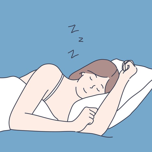 sleep, fatigue, insomnia concept young smiling fatigue tired woman or girl cartoon character lying sleeping on bed at home covering with blanket overworking and night relaxation vector illustration