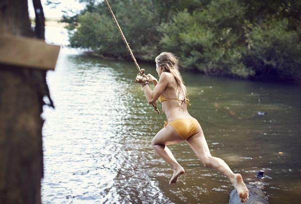 Water, Beauty, Swing, Recreation, Blond, River, Photography, Rope, Long hair, Angling, 