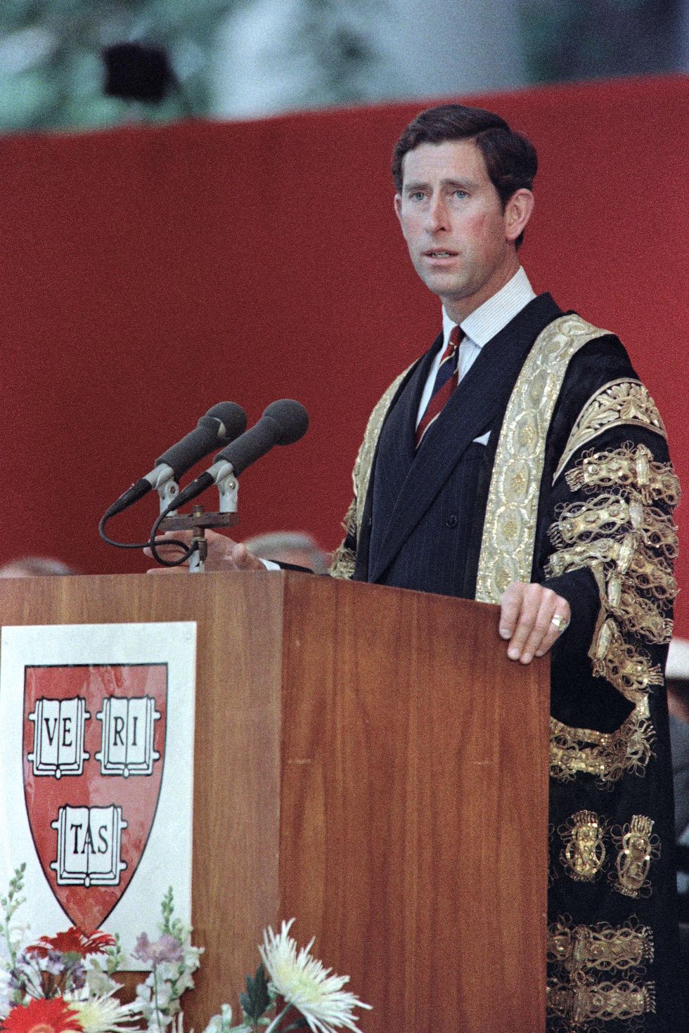 britains prince charles, charles of wales, wearing the academical dress, adresses the convocation for the harvard universitys 350th birthday celebration in cambridge, on september 4, 1986, in the massachusetts photo by mike maloney  afp photo by mike maloneyafp via getty images