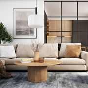 living room 3d render with beige and green colored furniture and wooden elements