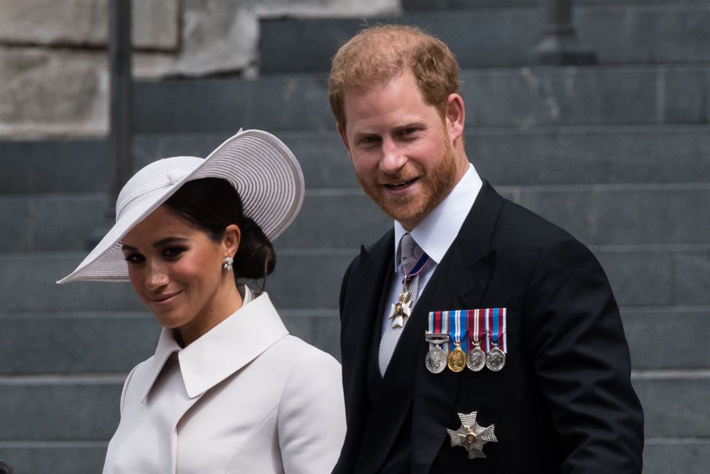 london, united kingdom   june 03 prince harry, duke of sussex and meghan, duchess of sussex leave st pauls cathedral after attending service of thanksgiving for the queens during the platinum jubilee celebrations in london, united kingdom on june 03, 2022 millions of people in the uk are set to join the four day celebrations marking the 70th year on the throne of britains longest reigning monarch, queen elizabeth ii, with over a billion viewers expected to watch the festivities around the world photo by wiktor szymanowiczanadolu agency via getty images