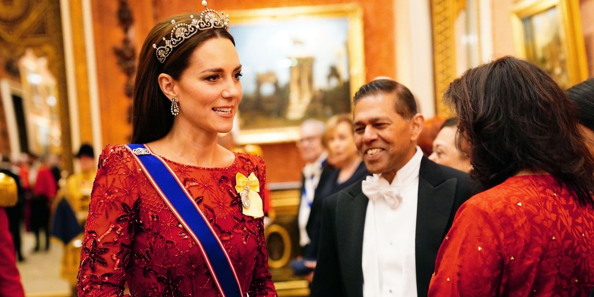 Kate Middleton Wears Tiara and Red Dress in London Same Night Meghan and Harry Honored