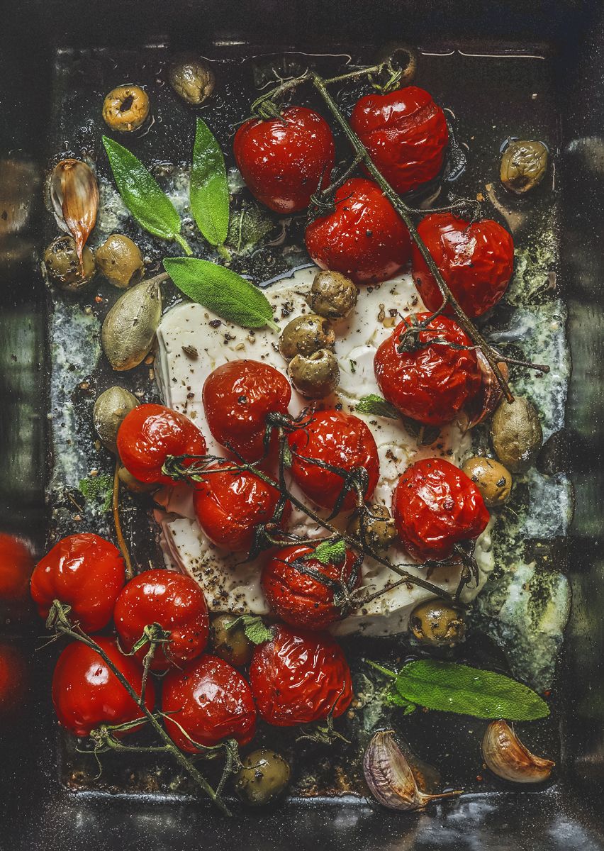 aceitunas y tomates asados a las hierbas