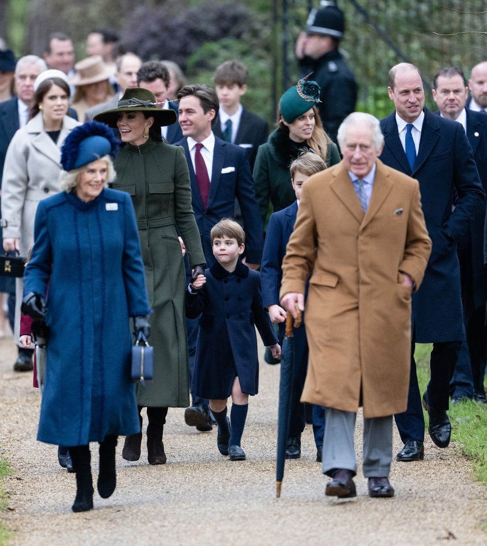 sandringham, norfolk december 25 catherine, princess of wales, camilla, queen consort, prince louis, prince george, king charles iii and prince william, prince of wales attend the christmas day service at sandringham church on december 25, 2022 in sandringham, norfolk king charles iii ascended to the throne on september 8, 2022, with his coronation set for may 6, 2023 photo by samir husseinwireimage