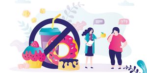 doctor recommends limiting consumption of sweets to patient nutritionist offers girl diet various confectionery products prohibited concept of treatment and obesity problems vector illustration