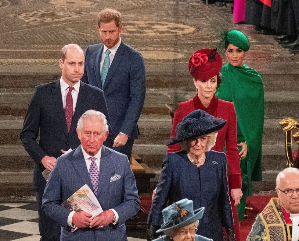 britains prince william, duke of cambridge l, britains prince charles, prince of wales 2nd l, britains prince harry, duke of sussex 3rd l, britains camilla, duchess of cornwall 3rd r, britains catherine, duchess of cambridge 2nd r and britains meghan, duchess of sussex r depart westminster abbey after attending the annual commonwealth service in london on march 9, 2020 britains queen elizabeth ii has been the head of the commonwealth throughout her reign organised by the royal commonwealth society, the service is the largest annual inter faith gathering in the united kingdom photo by phil harris pool afp photo by phil harrispoolafp via getty images
