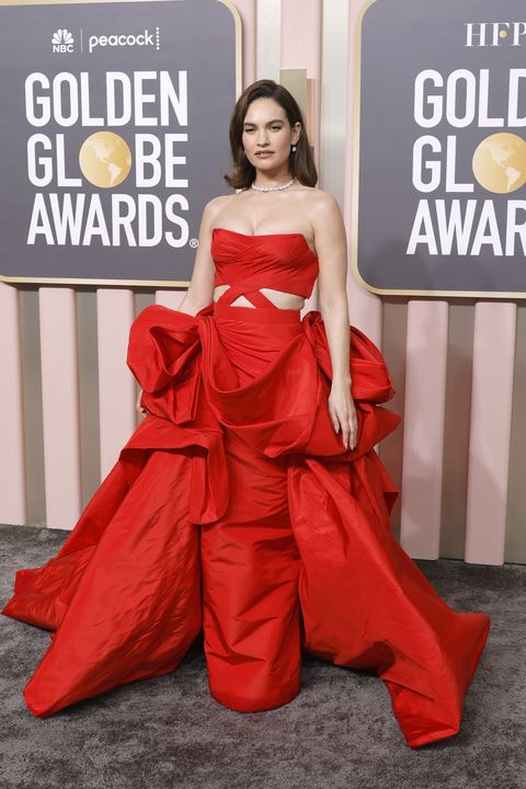 beverly hills, california january 10 lily james attends the 80th annual golden globe awards at the beverly hilton on january 10, 2023 in beverly hills, california photo by frazer harrisonwireimage