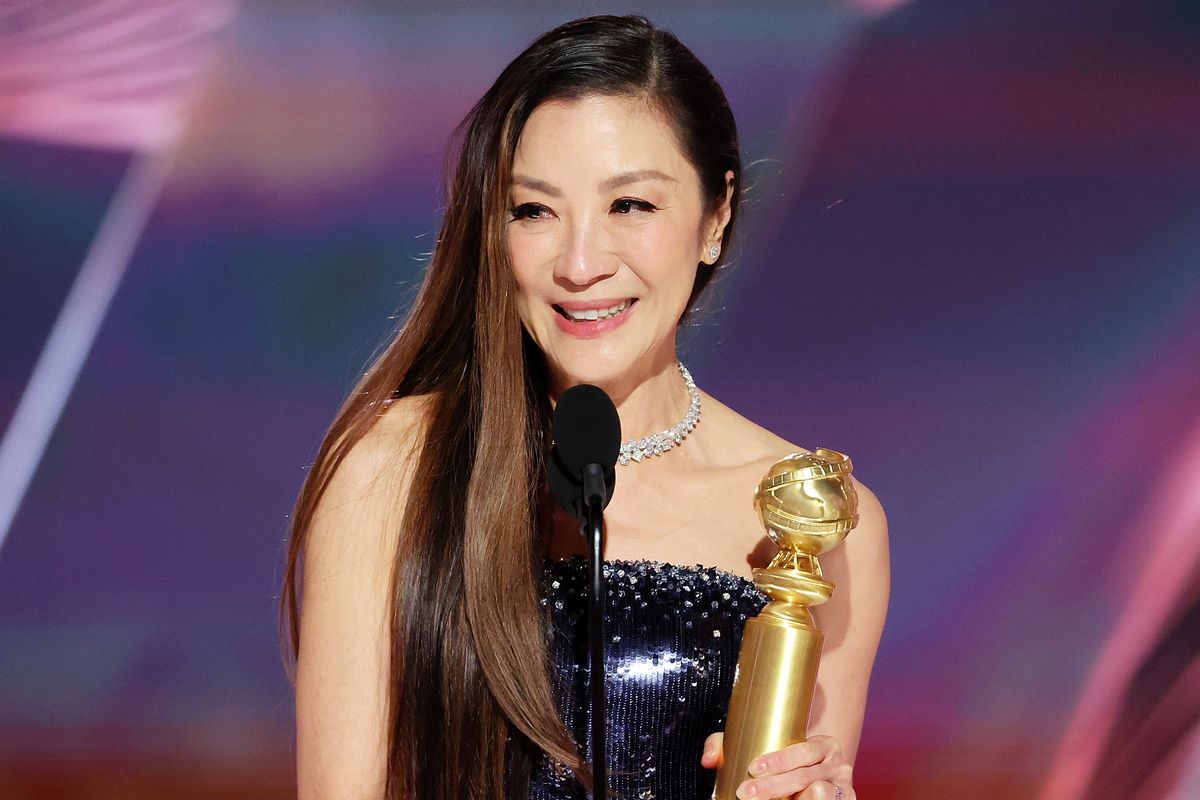 beverly hills, california january 10 80th annual golden globe awards pictured michelle yeoh accepts the best actress in a motion picture – musical or comedy award for everything everywhere all at once onstage at the 80th annual golden globe awards held at the beverly hilton hotel on january 10, 2023 in beverly hills, california photo by rich polknbc via getty images