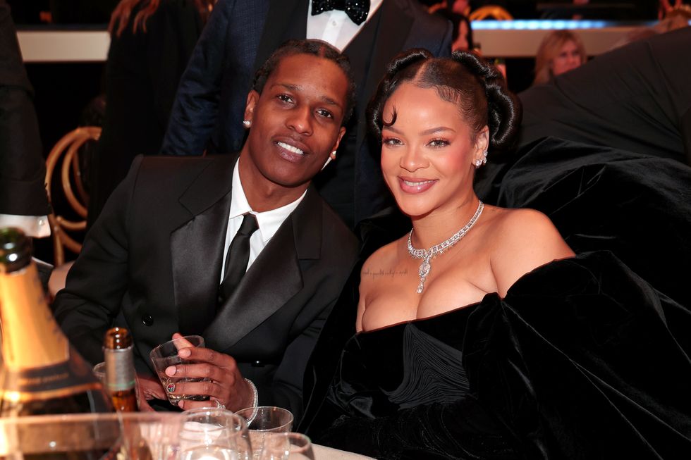 beverly hills, california january 10 80th annual golden globe awards pictured l r a$ap rocky and rihanna attend the 80th annual golden globe awards held at the beverly hilton hotel on january 10, 2023 in beverly hills, california photo by christopher polknbc via getty images