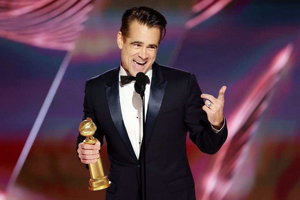 beverly hills, california january 10 80th annual golden globe awards pictured colin farrell accepts the best actor in a motion picture – musical or comedy award for the banshees of inisherin onstage at the 80th annual golden globe awards held at the beverly hilton hotel on january 10, 2023 in beverly hills, california photo by rich polknbc via getty images