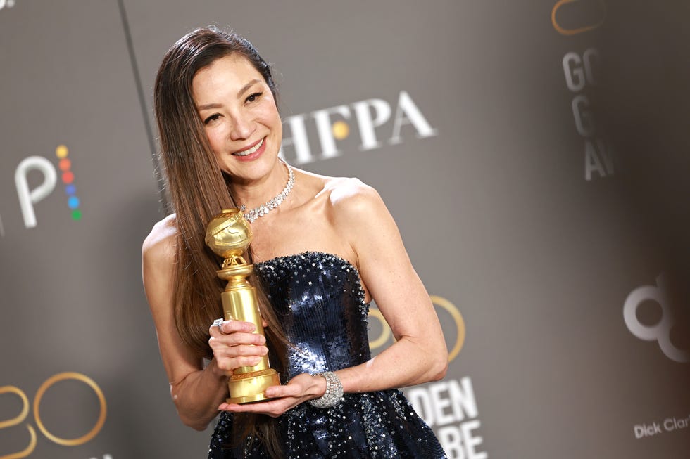 beverly hills, california january 10 michelle yeoh poses with the best actress in a motion picture – musical or comedy award for everything everywhere all at once in the press room during the 80th annual golden globe awards at the beverly hilton on january 10, 2023 in beverly hills, california photo by matt winkelmeyerfilmmagic