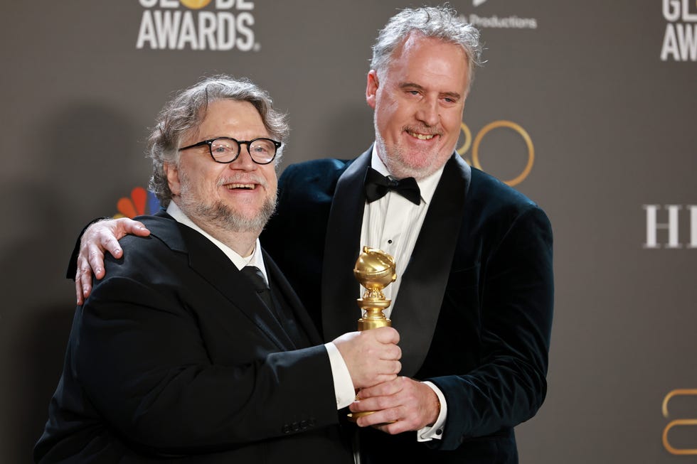 beverly hills, california january 10 l r guillermo del toro and mark gustafson pose with the award for best animated feature for guillermo del toros pinocchio in the press room during the 80th annual golden globe awards at the beverly hilton on january 10, 2023 in beverly hills, california photo by matt winkelmeyerfilmmagic