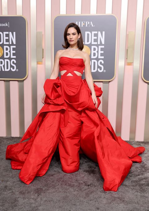 beverly hills, california january 10 lily james attends the 80th annual golden globe awards at the beverly hilton on january 10, 2023 in beverly hills, california photo by amy sussmangetty images