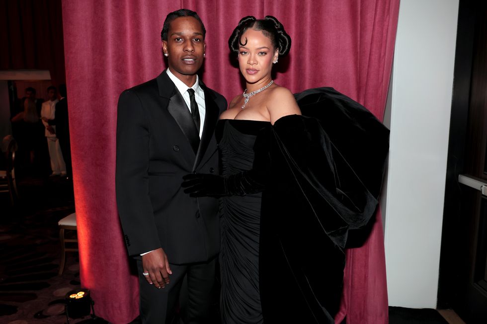 beverly hills, california january 10 80th annual golden globe awards pictured l r a$ap rocky and rihanna attend the 80th annual golden globe awards held at the beverly hilton hotel on january 10, 2023 in beverly hills, california photo by christopher polknbc via getty images