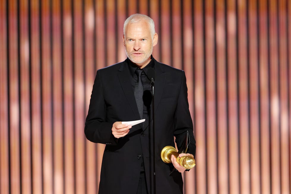 beverly hills, california january 10 80th annual golden globe awards pictured martin mcdonagh accepts the best screenplay award for the banshees of inisherin onstage at the 80th annual golden globe awards held at the beverly hilton hotel on january 10, 2023 in beverly hills, california photo by rich polknbc via getty images