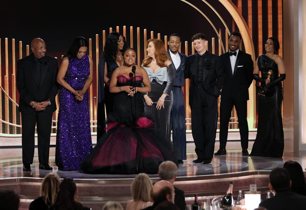 beverly hills, california january 10 80th annual golden globe awards pictured quinta brunson c and cast of abbott elementary accept the best television series musical or comedy award onstage at the 80th annual golden globe awards held at the beverly hilton hotel on january 10, 2023 in beverly hills, california photo by rich polknbc via getty images
