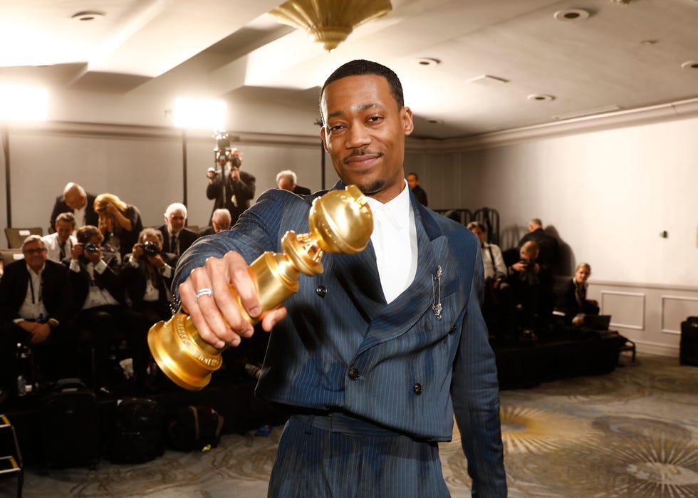 beverly hills, california january 10 80th annual golden globe awards pictured tyler james williams poses with the award for best supporting actor television series for abbott elementary in the press room at the 80th annual golden globe awards held at the beverly hilton hotel on january 10, 2023 in beverly hills, california photo by trae pattonnbc via getty images