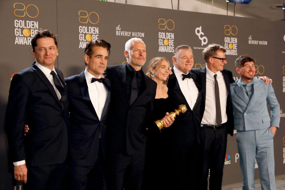 beverly hills, california january 10 80th annual golden globe awards pictured l r peter czernin, colin farrell, martin mcdonagh, kerry condon, brendan gleeson, graham broadbent, and barry keoghan pose with the best motion picture musical or comedy award for the banshees of inisherin in the press room at the 80th annual golden globe awards held at the beverly hilton hotel on january 10, 2023 in beverly hills, california photo by trae pattonnbc via getty images