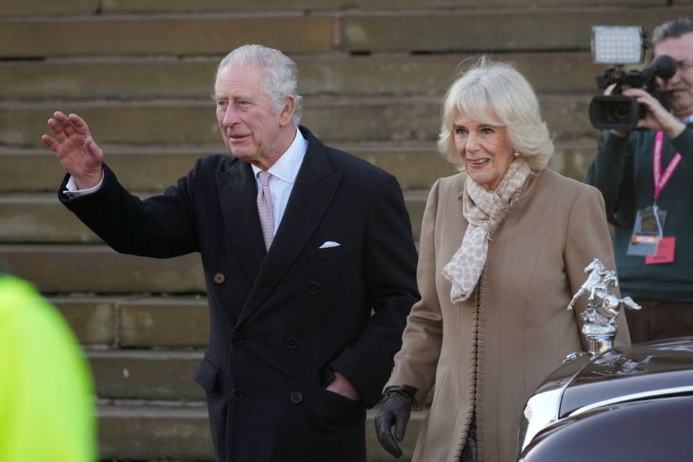 bolton, england january 20 king charles iii and camilla, queen consort leave bolton town house on january 20, 2023 in bolton, united kingdom photo by christopher furlonggetty images