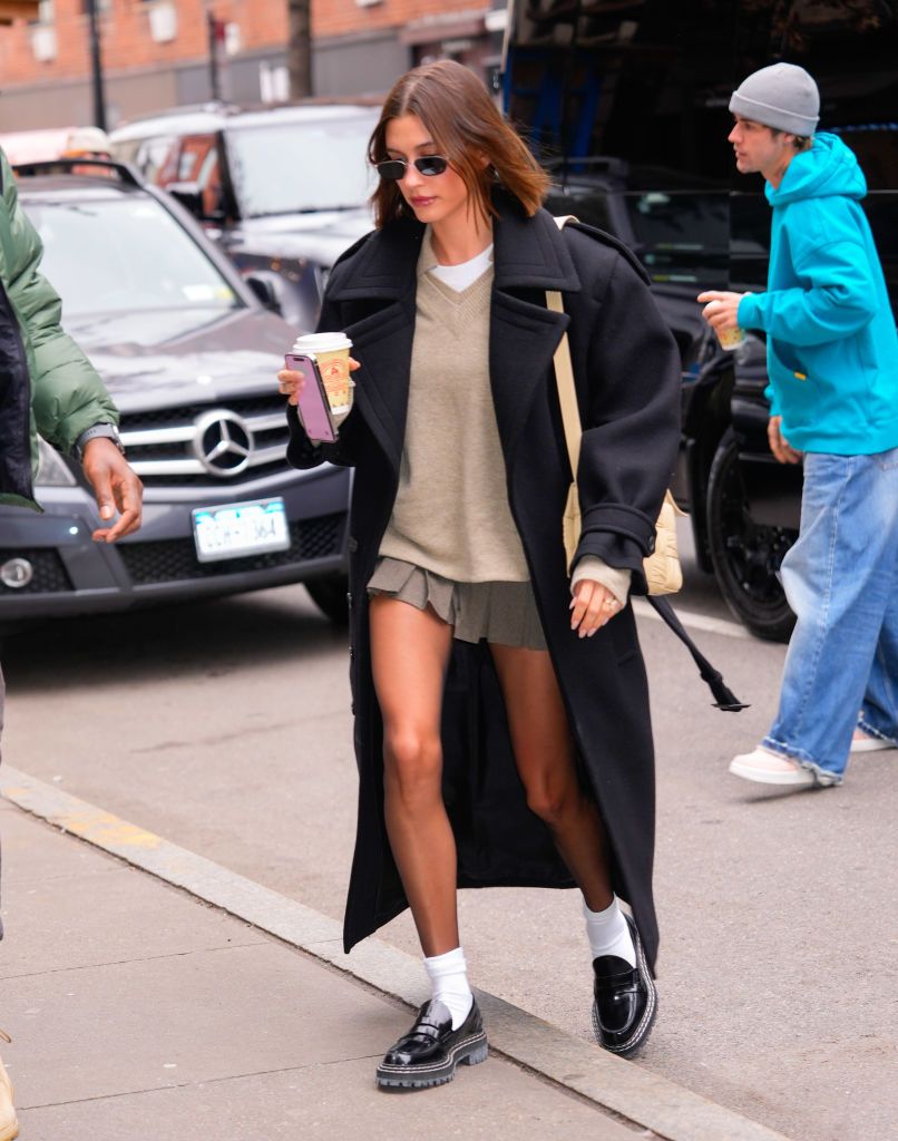 Hailey Bieber Turns a New York Street Into Her Runway in a Mini Skirt and  Oversized Coat