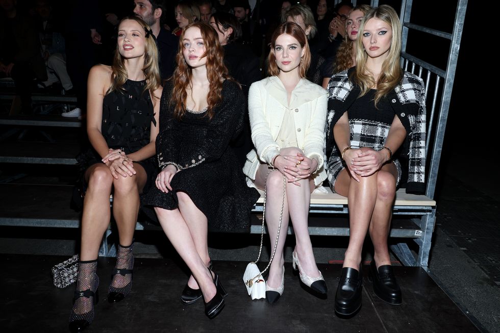 paris, france january 24 editorial use only for non editorial use please seek approval from fashion house l r angèle, sadie sink, lucy boynton, and apple martin attend the chanel haute couture spring summer 2023 show as part of paris fashion week on january 24, 2023 in paris, france photo by pascal le segretaingetty images