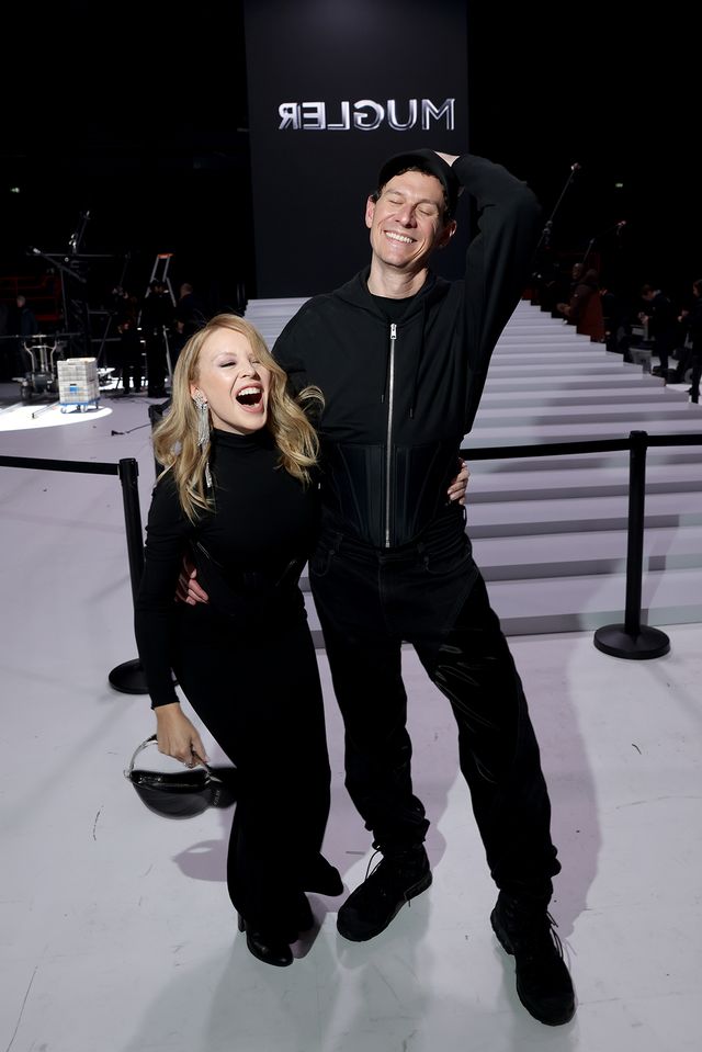 paris, france january 26 kylie minogue and designer casey cawallader pose backstage during the mugler fall winter 202223 haute couture show at la grande halle de la villette on january 26, 2023 in paris, france photo by victor boykogetty images for mugler