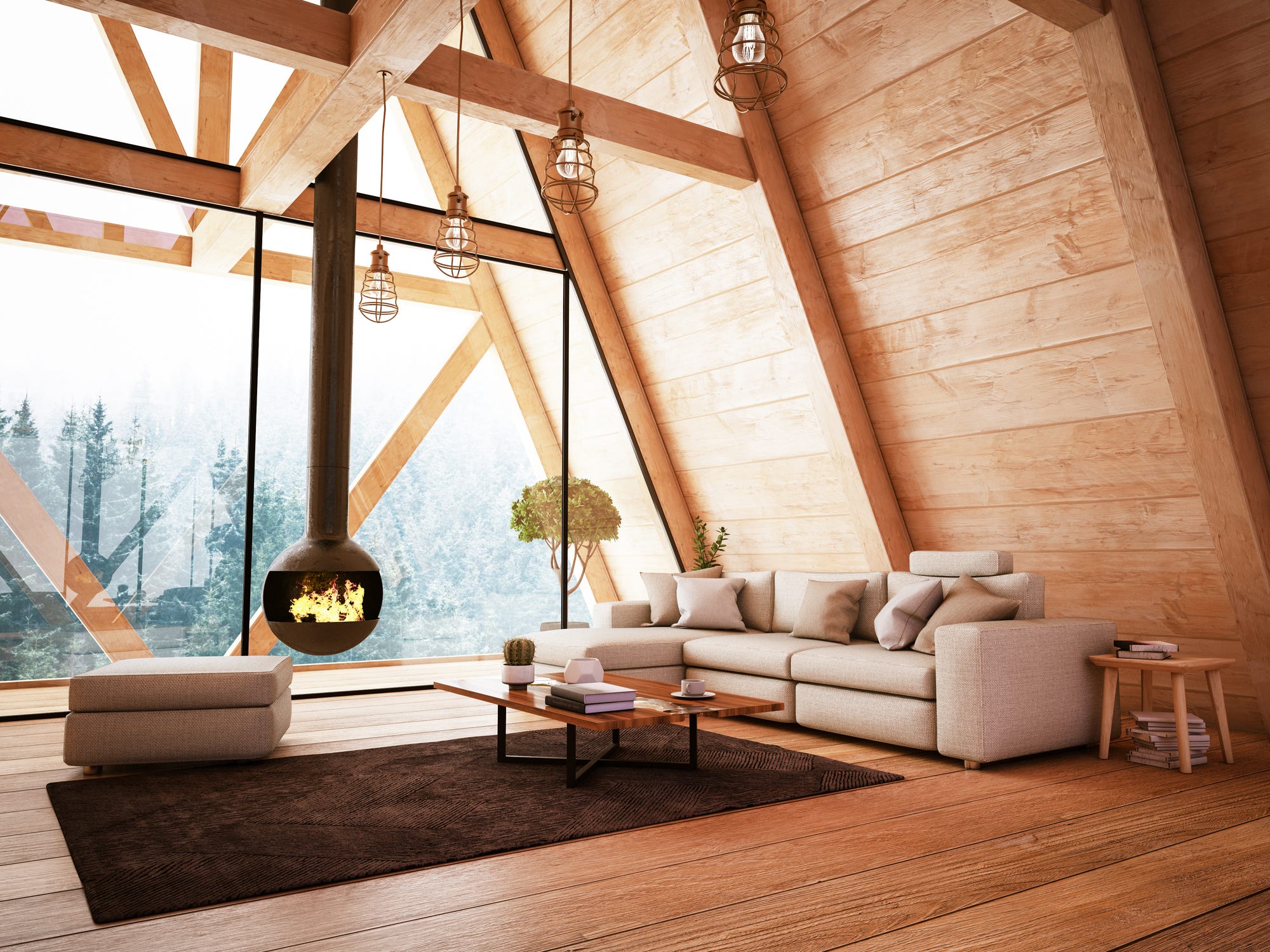 wooden interior with funiture and fireplace 3d render
