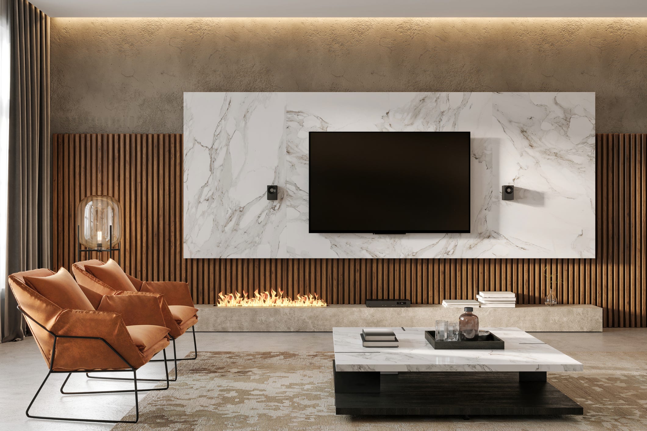 large living room interior with tv television screen on the wall blank for copy space render