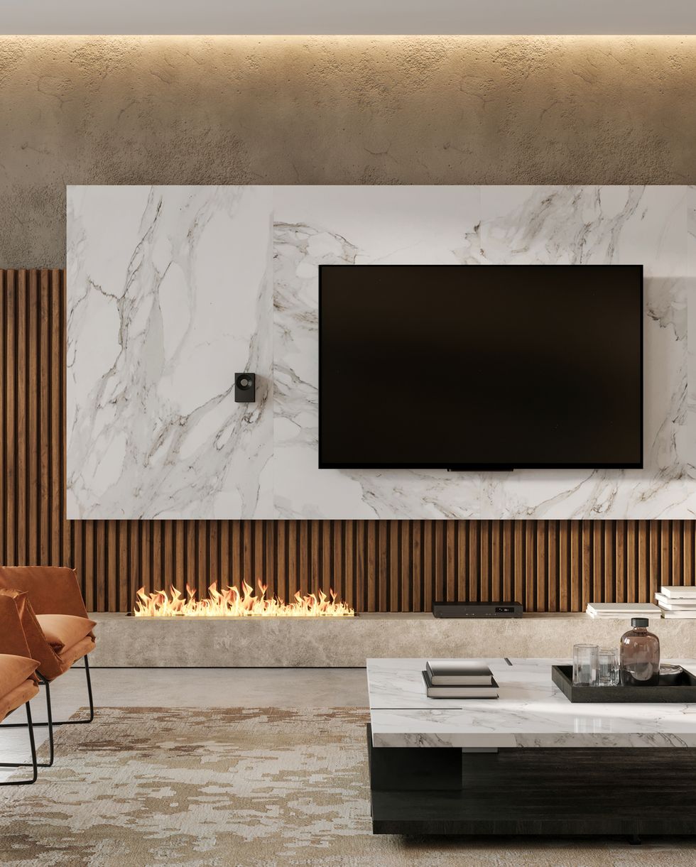 Un mueble de pared para la televisión  Muebles para tv, Salon con  chimenea, Salon con chimenea moderna