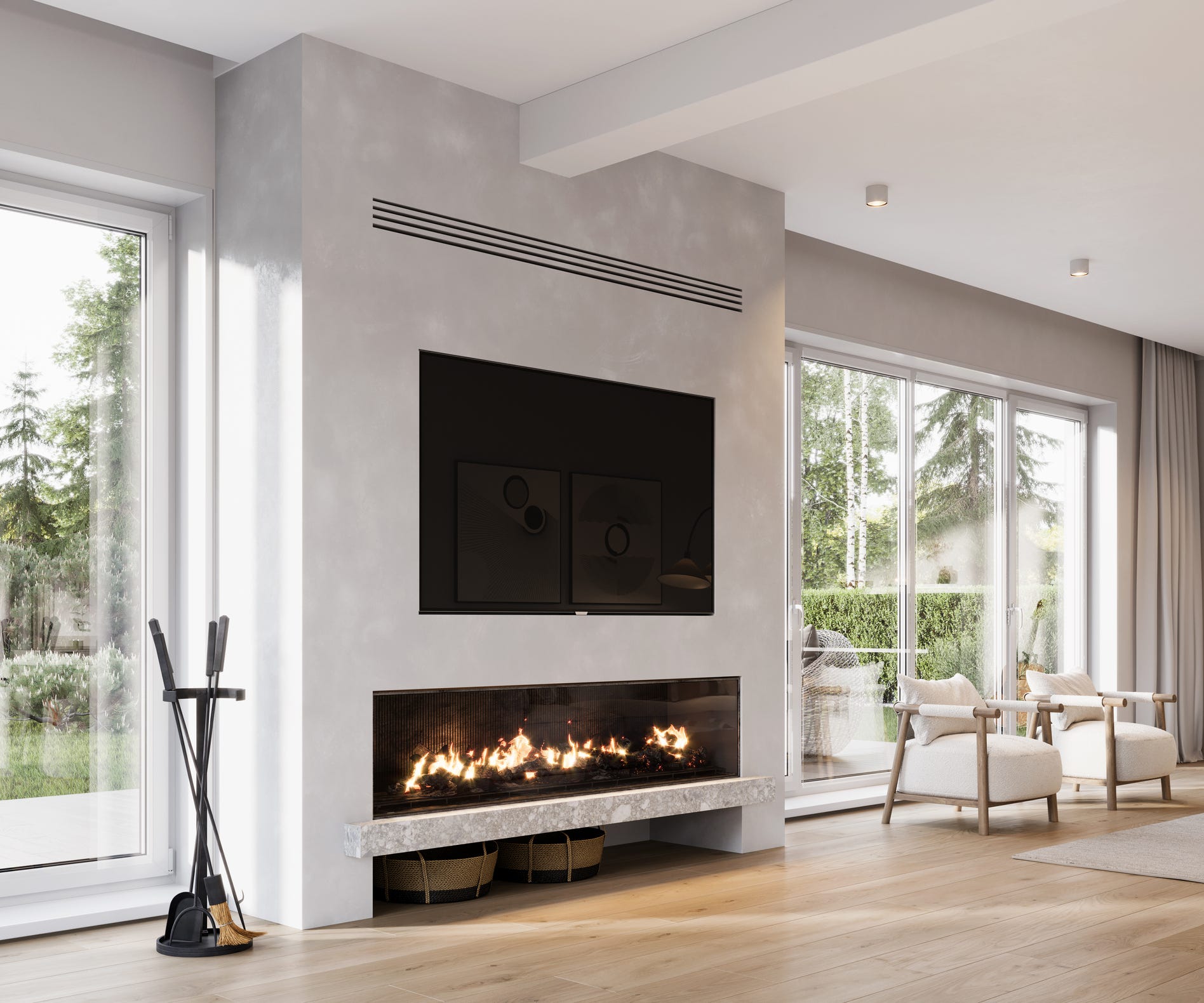digitally generated image of a living room fireplace in modern design living room with large glass doors to the garden