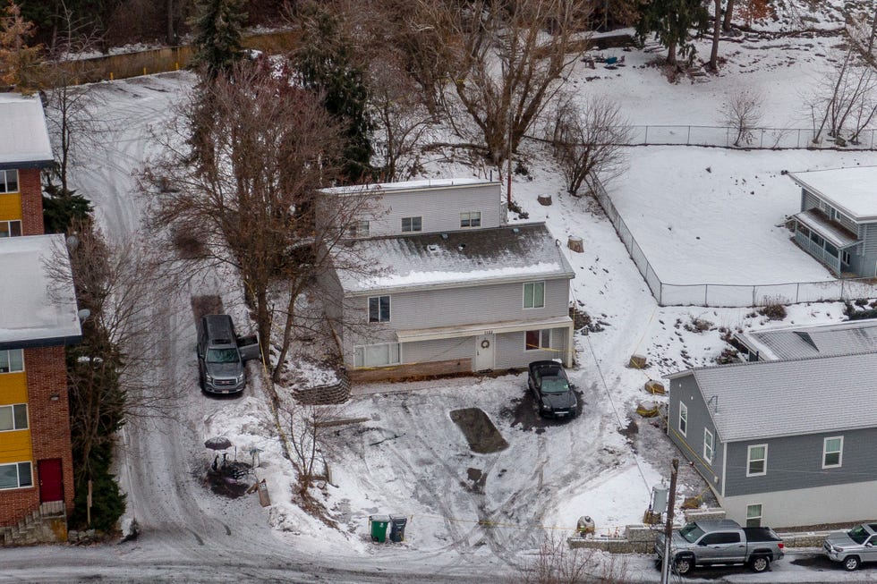 an aerial view of the moscow, idaho, home where kaylee goncalves, madison mogen, xana kernodle, and ethan chapin were murdered