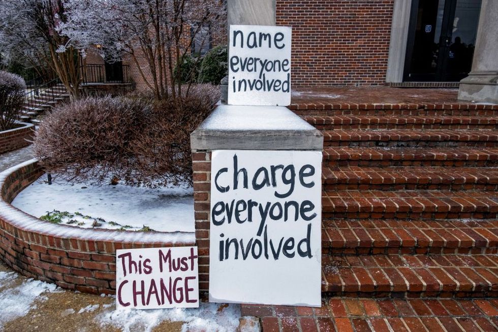 placards are pictured outside of the mississippi boulevard christian church after the funeral for tyre nichols in memphis, tennessee, tennessee, on february 1, 2023 nichols, 29, was stopped on january 7, 2023, for what the memphis police department said was reckless driving after a chase ensued, police brutalized him to the point of being unrecognizable, family attorneys ben crump and antonio romanucci said in a statement nichols was taken to hospital in critical condition, according to police, where he died on january 10, 2023 photo by seth herald afp photo by seth heraldafp via getty images