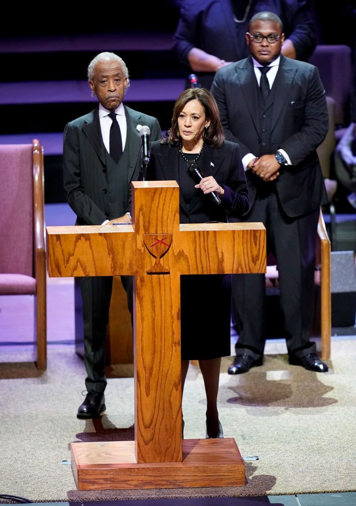 memphis, tn february 01 us vice president kamala harris speaks during the funeral service for tyre nichols at mississippi boulevard christian church on february 1, 2023 in memphis, tennessee on january 7th, 29 year old nichols was violently beaten for three minutes by memphis police officers at a traffic stop and died of his injuries five black memphis police officers have been fired after an internal investigation found them to be directly responsible for the beating and have been charged with second degree murder, aggravated assault, two charges of aggravated kidnapping, two charges of official misconduct and one charge of official oppression photo by andrew nelles poolgetty images with her are rev al sharpton and rev dr j lawrence turner