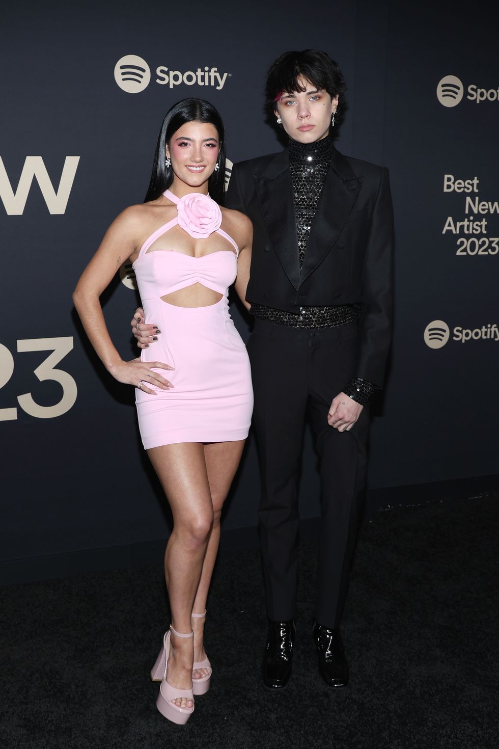 west hollywood, california february 02 l r charli damelio and landon barker attend the 2023 spotify best new artist party at pacific design center on february 02, 2023 in west hollywood, california photo by steven simionefilmmagic