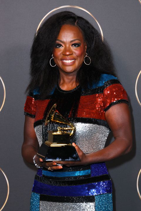 los angeles, california february 05 viola davis celebrates the best audio book, narration, and storytelling award for finding me during the 65th grammy awards premiere ceremony at microsoft theater on february 05, 2023 in los angeles, california photo by leon bennettgetty images for the recording academy