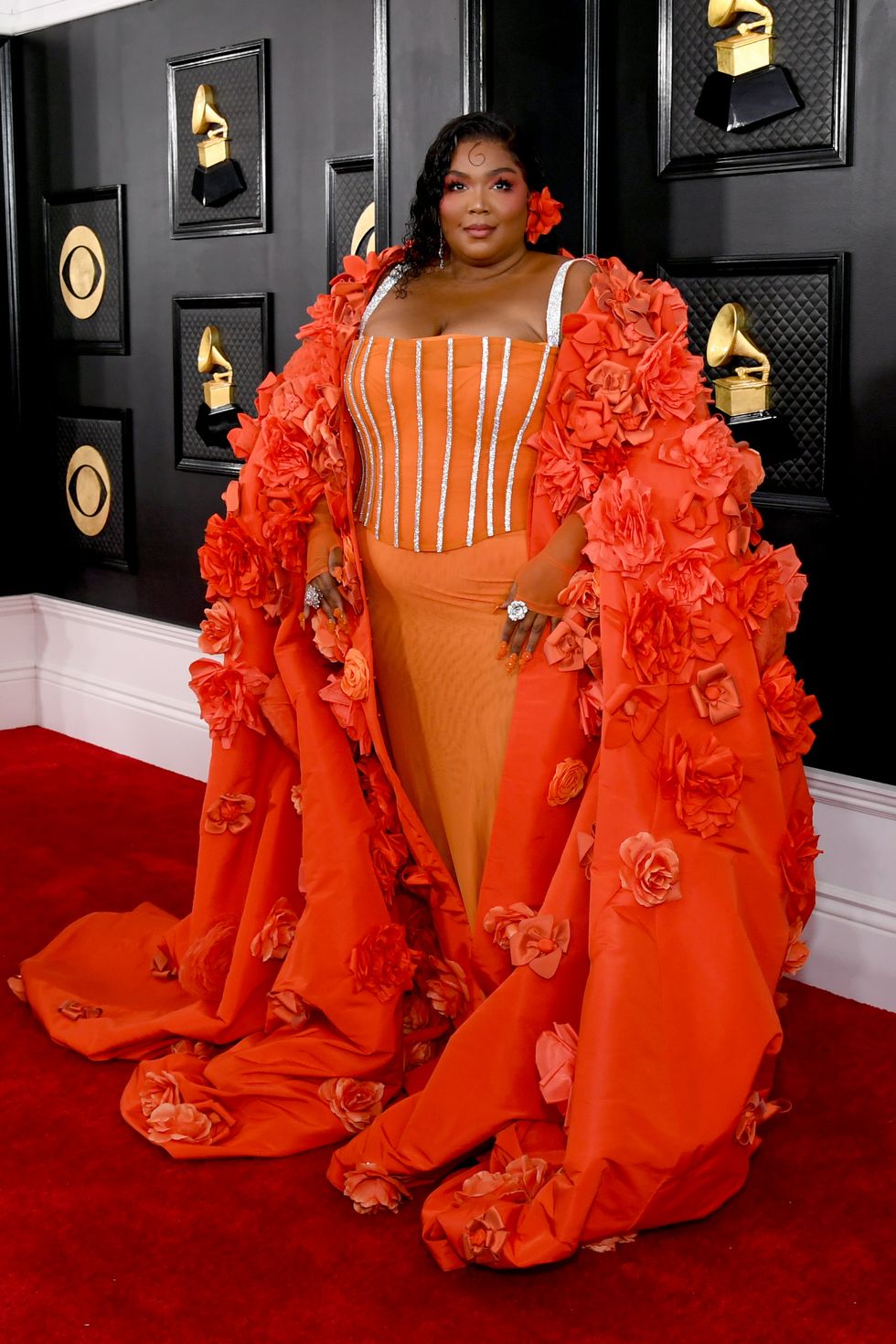 Lizzo Wore Red Flower Cape and Dress on 2023 Grammys Red Carpet