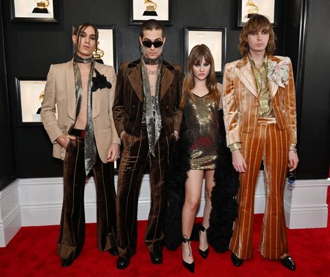 los angeles, california february 05 l r ethan torchio, damiano david, victoria de angelis and thomas raggi of måneskin attends the 65th grammy awards on february 05, 2023 in los angeles, california photo by lester cohengetty images for the recording academy