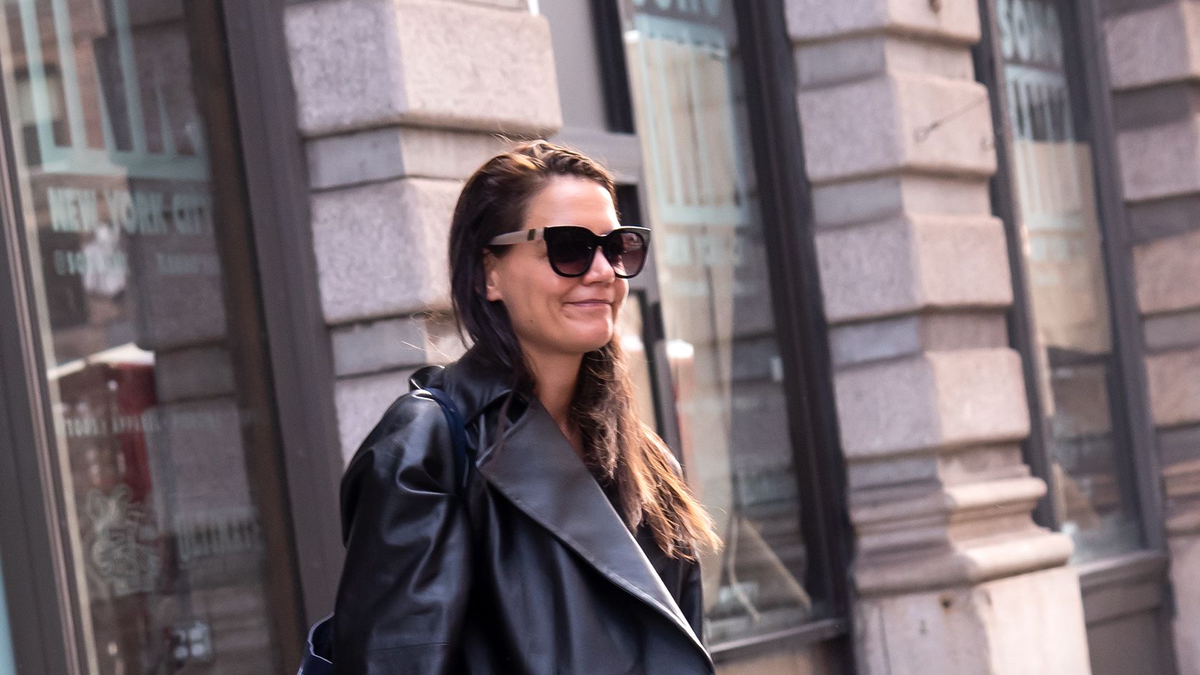 Katie Holmes Pairs a Cool Leather Blazer with Dadcore Sneakers