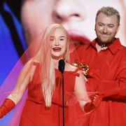 los angeles, california february 05l r kim petras and sam smith accept the best pop duogroup performance award for “unholy” onstage during the 65th grammy awards at cryptocom arena on february 05, 2023 in los angeles, california photo by kevin wintergetty images for the recording academy
