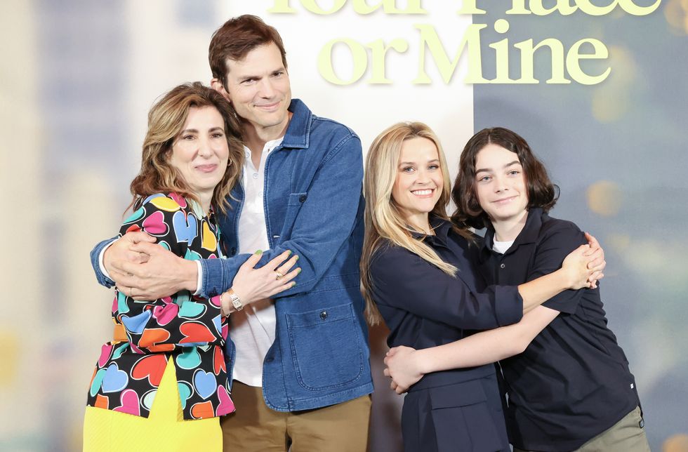 los angeles, california january 30 l r aline brosh mckenna, ashton kutcher, reese witherspoon, and wesley kimmel attend photocall for netflixs your place or mine at four seasons hotel los angeles at beverly hills on january 30, 2023 in los angeles, california photo by rodin eckenrothfilmmagic