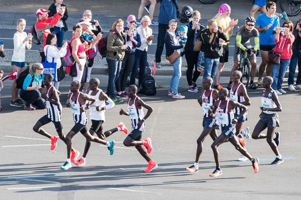 berlin, germany september 16 elite runners wilson kipsang r and eliud kipchoge 3l with pacers at the start of berlin marathon on september 16, 2018 in berlin, germany photo by maja hitijbongartsgetty images