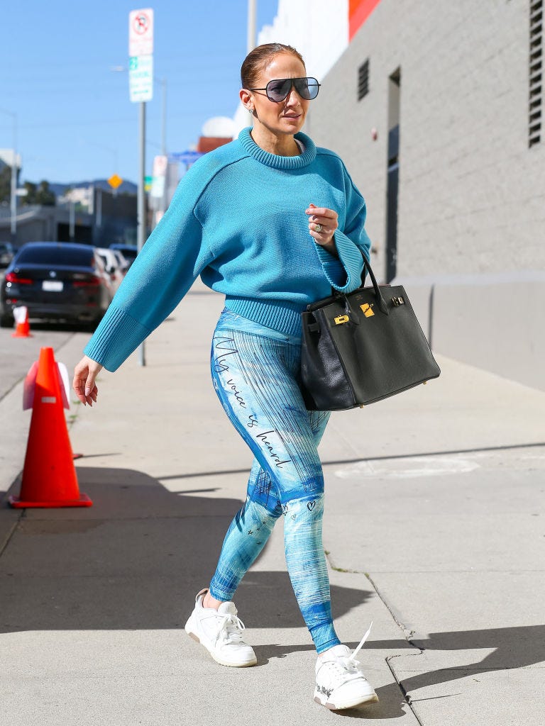 Jennifer Lopez Heads to the Gym in a Sky Blue Monochrome Look and a Birkin