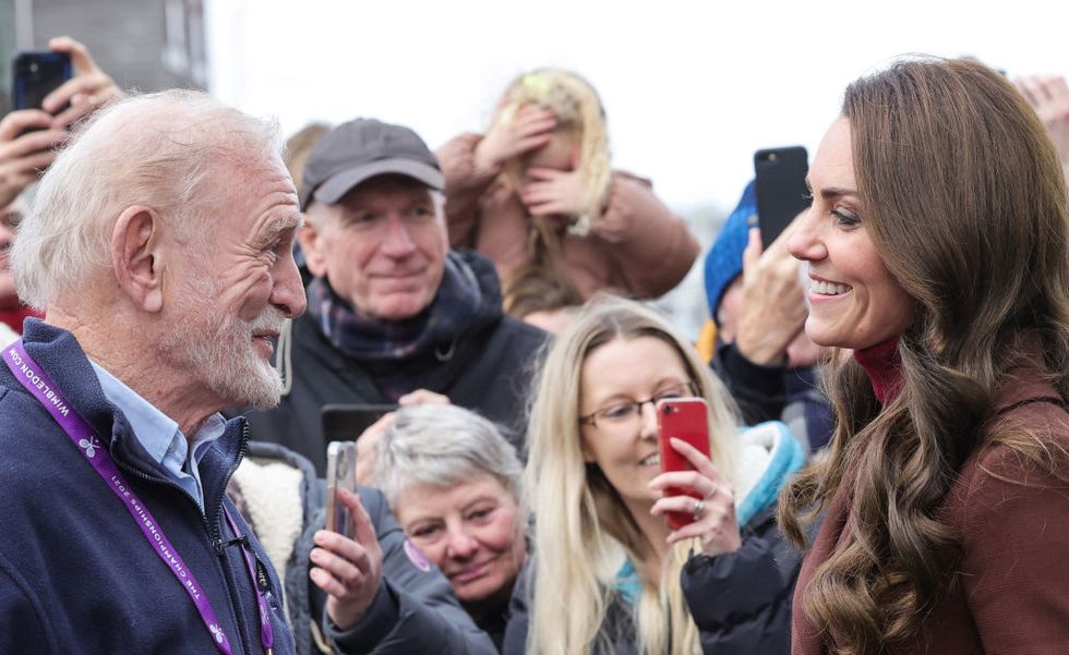 britains catherine, princess of wales r reacts as she is reunited with an old school teacher of hers following the tour of the national maritime museum cornwall on february 9, 2023 in falmouth, england photo by chris jackson pool afp photo by chris jacksonpoolafp via getty images
