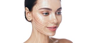 lifting lines, advertising of face contour correction, skin and neck lifting facial rejuvenation concept, cosmetology