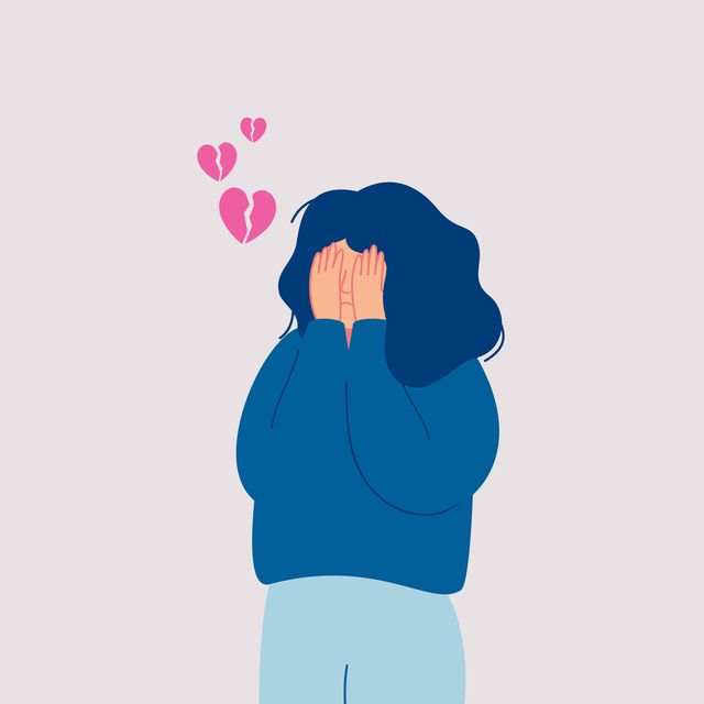 desperate sad young woman with broken heart cries covering her face with her hands hand drawn style vector design illustrations