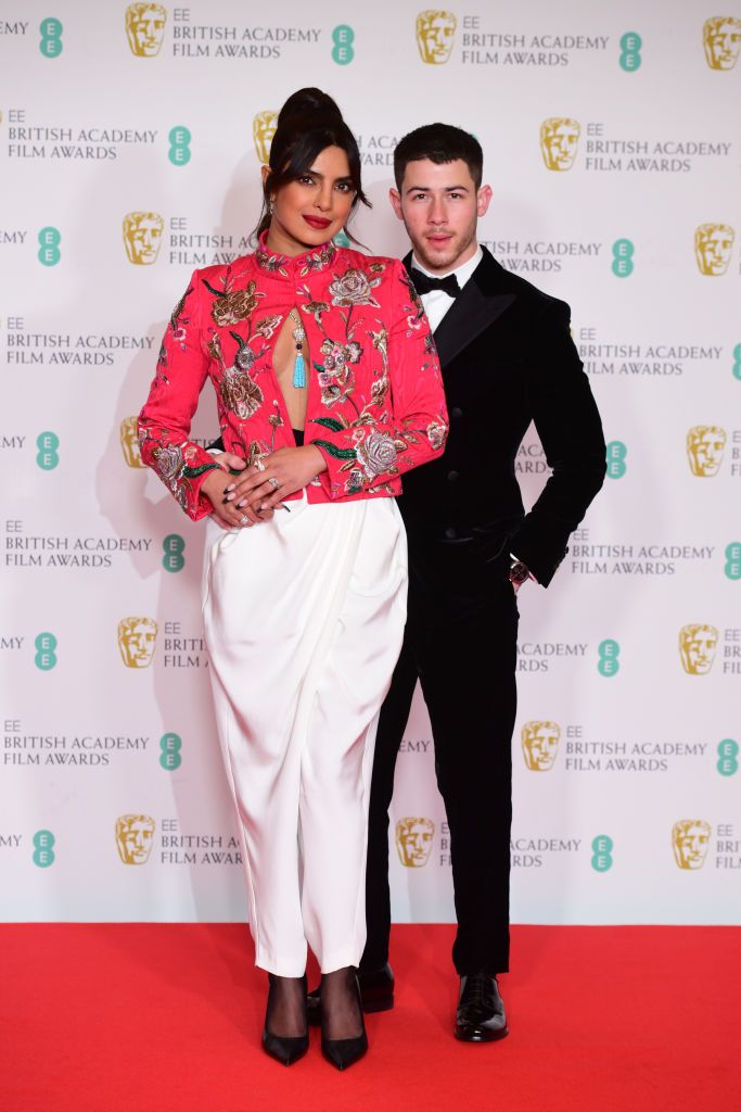 priyanka chopra jonas and her husband nick jonas arrives for the ee bafta film awards at the royal albert hall in london picture date sunday april 11, 2021 photo by ian westpa images via getty images